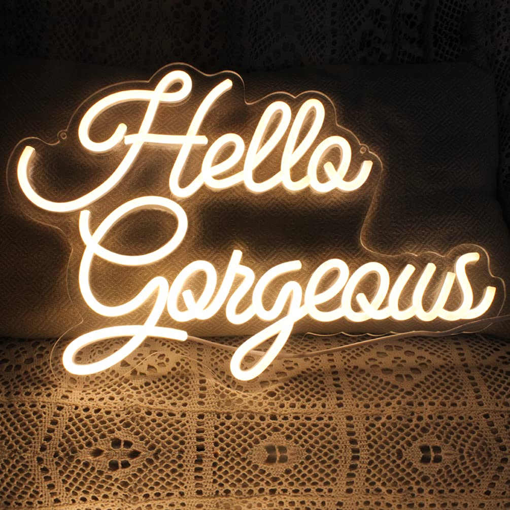 DAKABUKA Hello Gorgeous Neon Signs Hello Beautiful Warm White LED Light for Bedroom Wedding Birthday Backdrop Bacelorette Party Wth Dimmable Switch(5V,16.5X11inches)