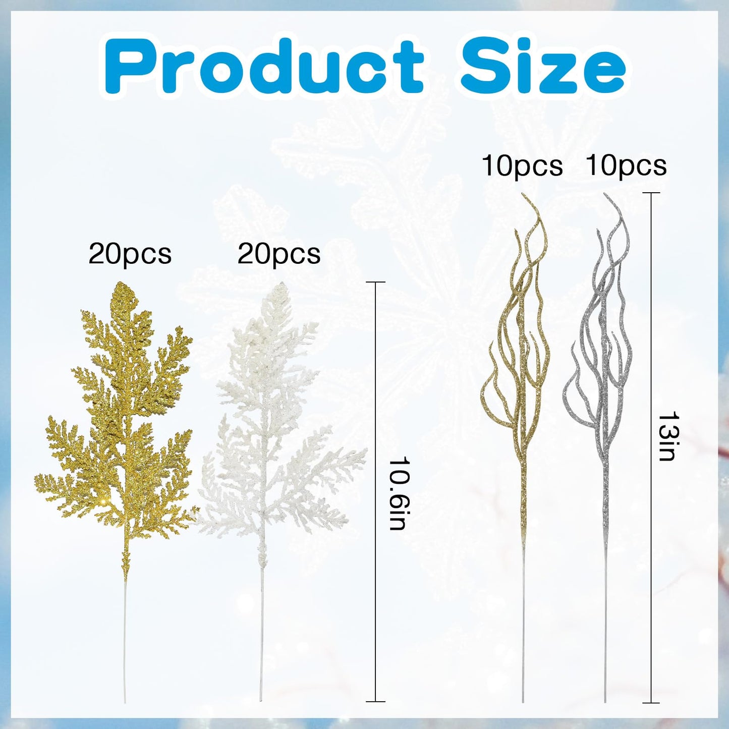 MCCVBFHH 60 Pcs Christmas Glitter Artificial Pine & Cedar Branches - Sparkly Stems Picks for Christmas Tree,Garland,Wreath,Holiday Party & Winter Home Decor