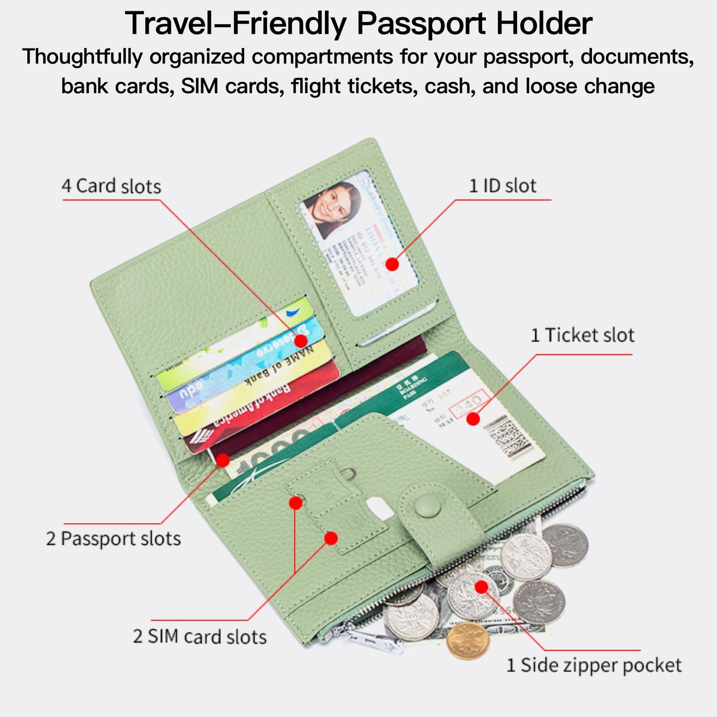 Genuine Leather RFID Blocking Passport Holder Wallet, Multi-Functional Travel Document Organizer with Zipper Pocket, Includes SIM Card Ejector Pin (Black)