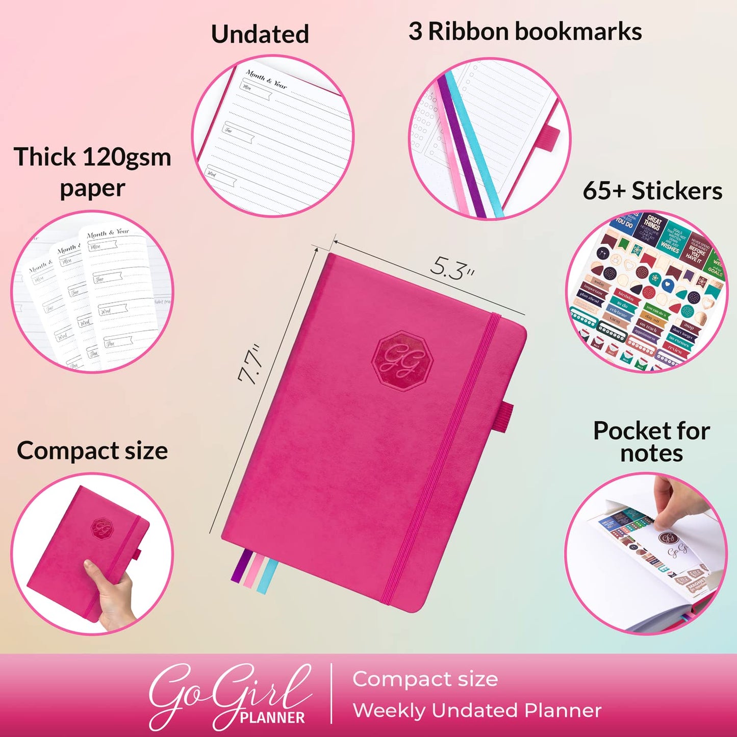 GoGirl Planner and Organizer for Women – Compact Size Weekly Planner, Goals Journal & Agenda to Improve Time Management, Productivity & Live Happier. Undated – Start Anytime, Lasts 1 Year – Hot Pink