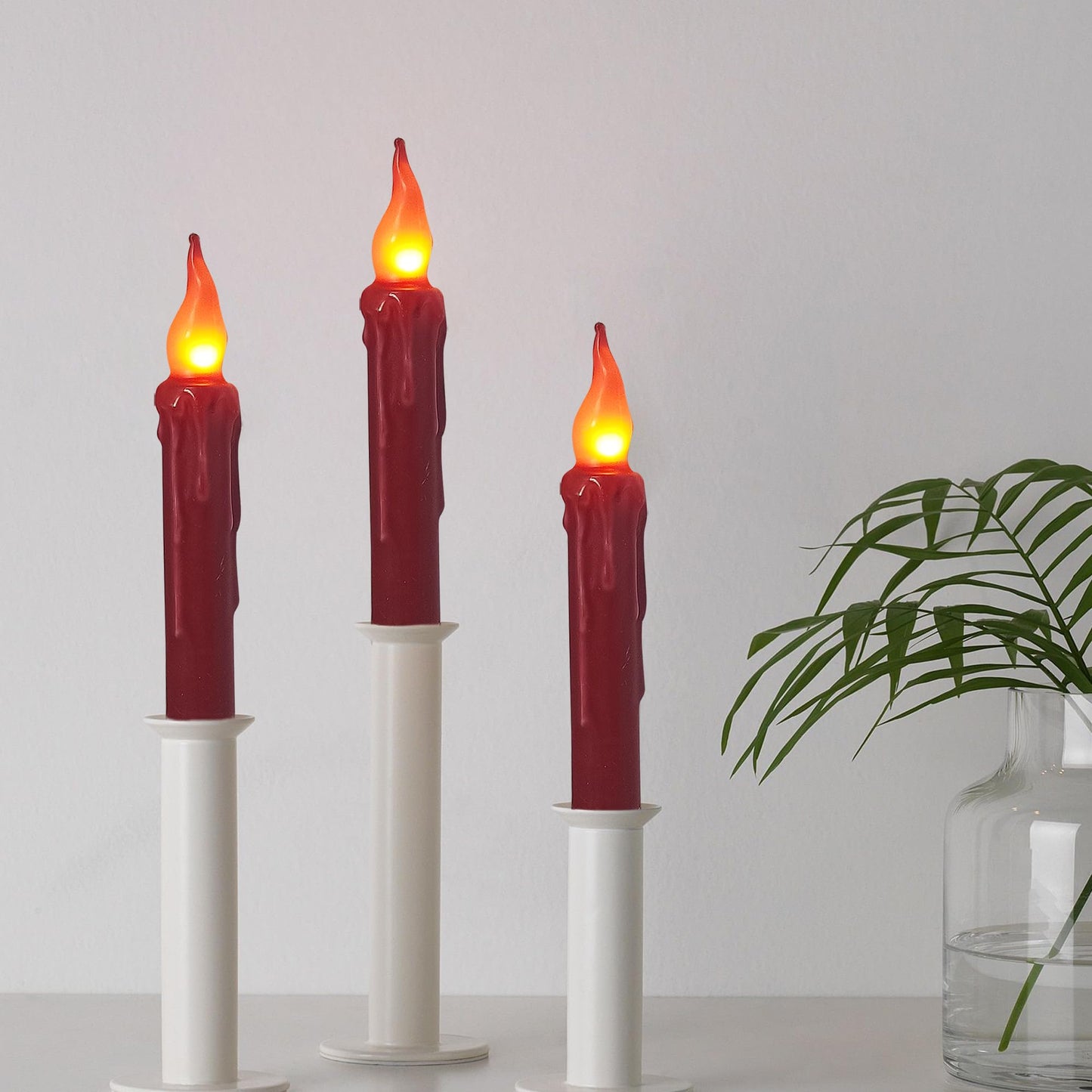 Burgundy Flameless Short Taper Candles, Real Wax Hand Dipped Dark Red LED Battery Operated with Remote, Flickering Flame Lights for Festival Home Décor, 6.7 Inch Primitive Flameless Candles, 4PCS