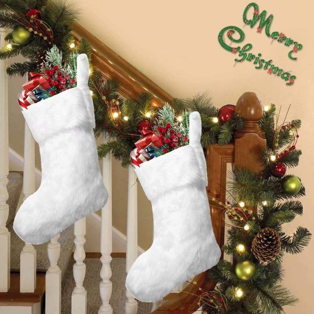 White Christmas Stockings 2 PCS 20 Inch Faux Fur Large Christmas Stocking for Hanging Decorations