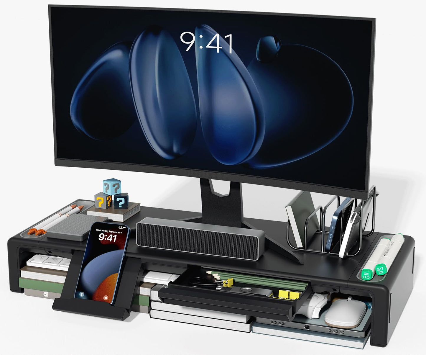 OImaster Monitor Stand Riser, Foldable Computer Monitor Riser, Adjustable Length Computer Stand and Storage Drawer & Pen Slot, Phone Stand Compatible Computer, Desktop, Laptop, Save Space (Black-Basic)