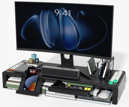OImaster Monitor Stand Riser, Foldable Computer Monitor Riser, Adjustable Length Computer Stand and Storage Drawer & Pen Slot, Phone Stand Compatible Computer, Desktop, Laptop, Save Space (Black-Basic)