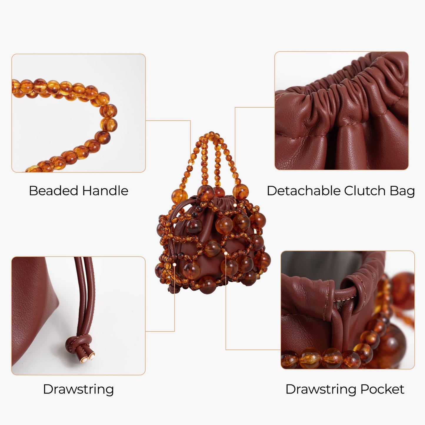 frrbuu Women's brown leather shoulder bag with amber bead decoration, Bohemian women's crossbody bag, cute little handbag (brown)