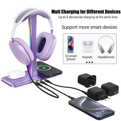 Headphone Stand with Wireless Charger,Gaming Headset stand with RGB Light,For Airpod Max Stand Compatible with Airpod Pro/3/2,For iPhone 17/16/15/14/13/12/11,Gifts for Gamers & Music Lover (Purple)