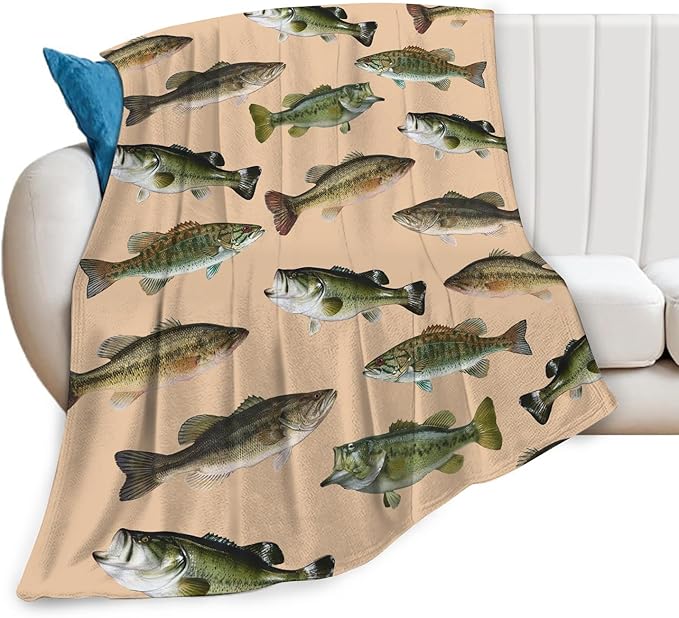 Fish Bass Blanket Decor Gifts for Fishing Lovers Flannel Fleece Fuzzy Throw Blanket Soft Warm Cozy Plush Ocean Animal Blanket for Bed Couch Living Room Stuffed Decoration for Kids Adult Man 60"x50"