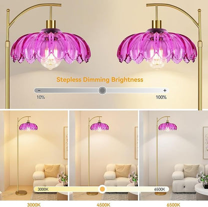 Vintage Floor Lamps for Living Room Arc Floor Lamp with Remote Control & Glass Lampshade,Mid Century Modern Standing Lamp Gold Tall Flower Lamp for Bedroom Living Room Corner