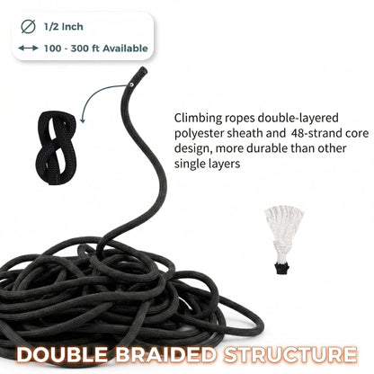 Double Braided Arborist Rope - 1/2 Inch x 200 Feet Polyester Rope - High Strength Climbing Rope for Tree Work, Swing, Halyard, Sailing(Black)