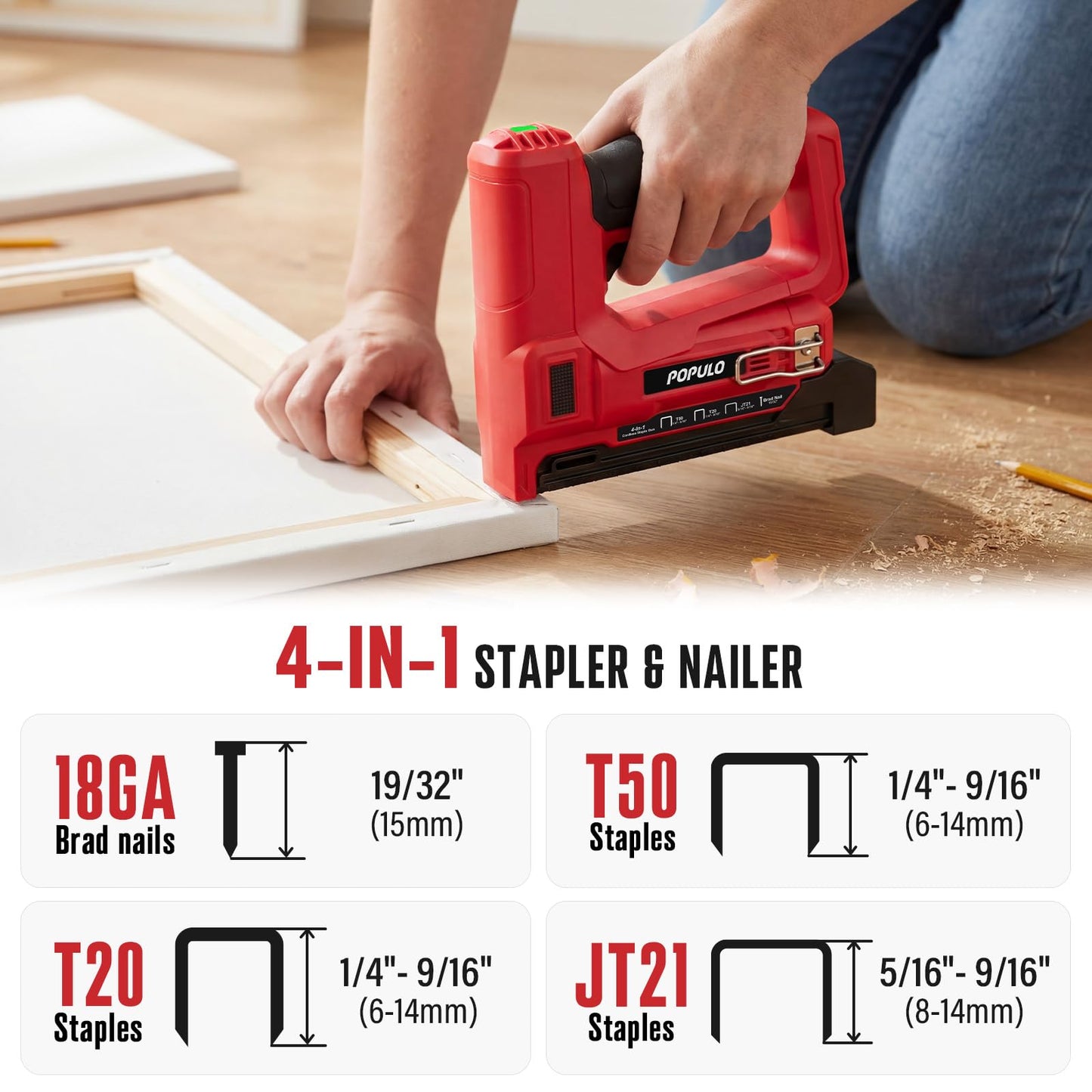 POPULO Electric Staple Gun 4 in 1 Cordless Stapler, 4V Rechargeable Band Nailer, Nail Gun Battery Powered with 2,000 Staples and Nails, Power Tacker Staple Gun for Wood, Upholstery, DIY