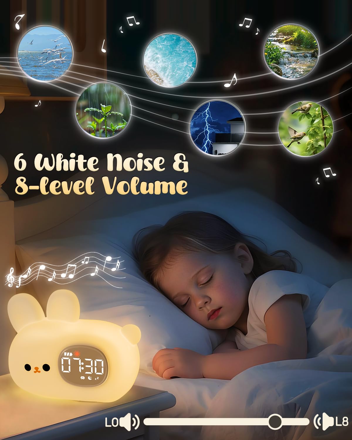 Yiliaw Bunny Alarm Clock for Kids with Night Light, Sleep Training Clock Time to Wake Clock, Rechargeable Silicone Light for Bedroom, Perfect Sleep Companion for Boys Girls