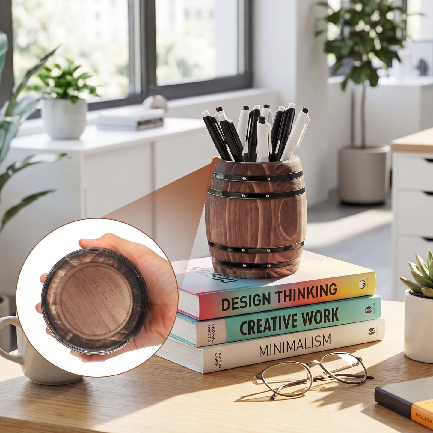 ForraFun Wine Barrel Pen & Pencil Holders Accessories Wooden Desktop Pencil Holder Containers Farmhouse Stationery Organizer Stand for Office Table Desk Accessory