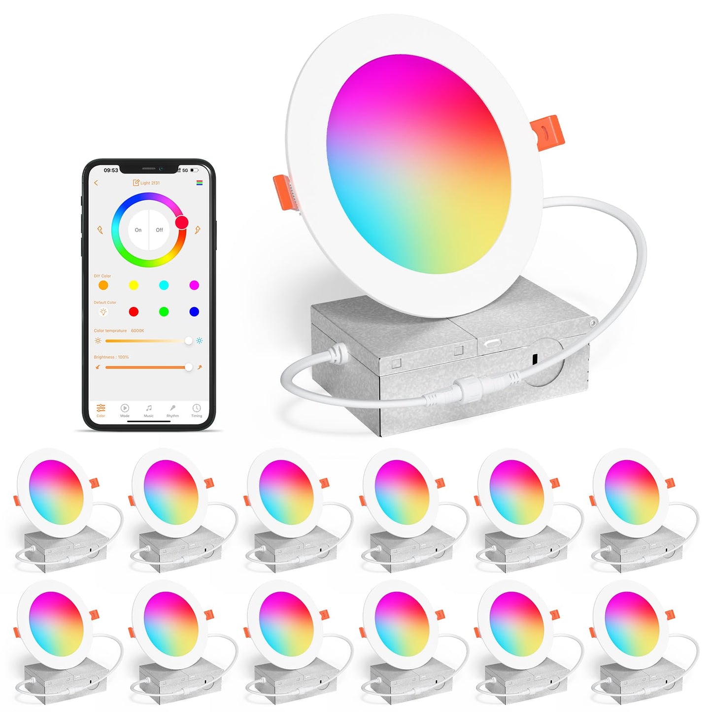 SikSog Smart Recessed Lighting 4 Inch RGBCW Color Changing 12W LED Downlight with Junction Box,1080 Lumen Recessed Ceiling Light Compatible with Alexa,Dimmable by Bluetooth Control -12Pack