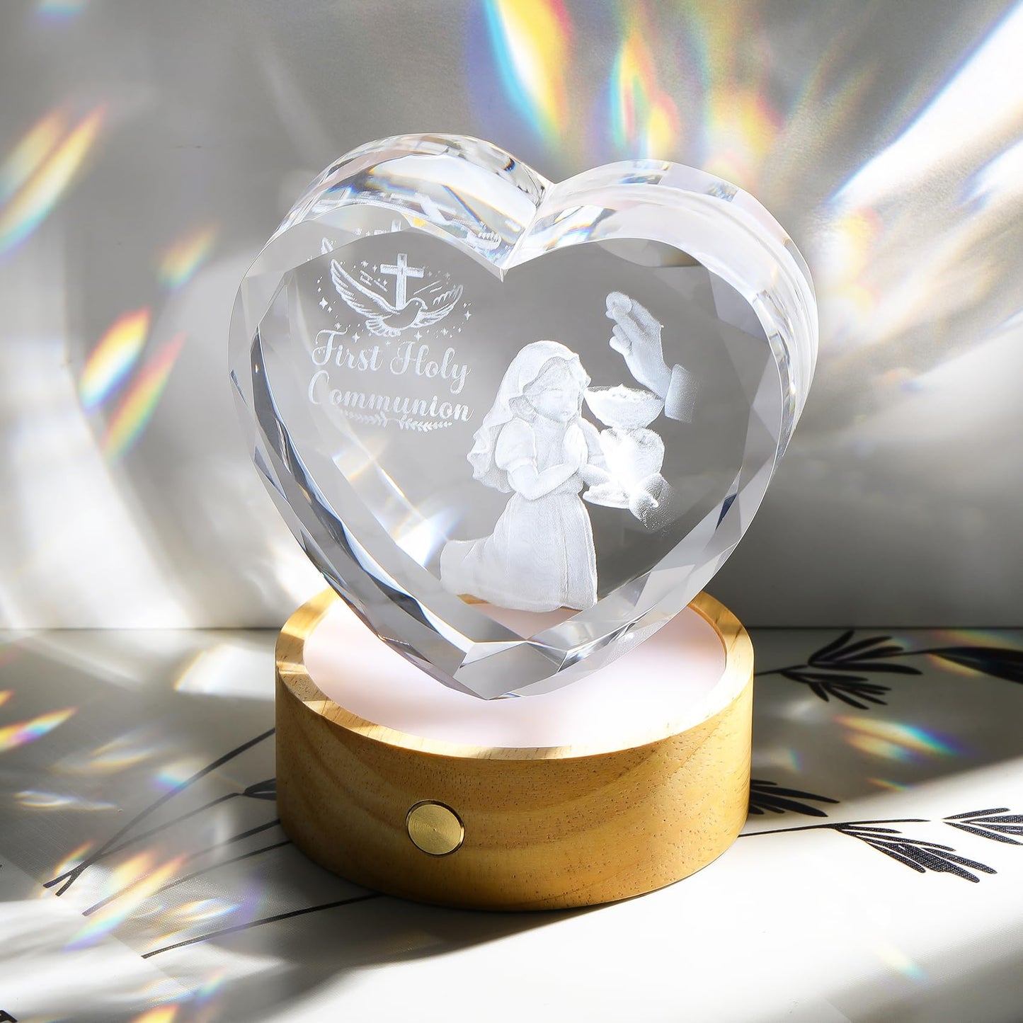 Arikyrist 3D Crystal First Holy Communion Gifts for Girls Women Crystal Heart Laser Engraving Communion Baptism Statue with Wooden Light Base Glass Religious Catholic Christian Decor