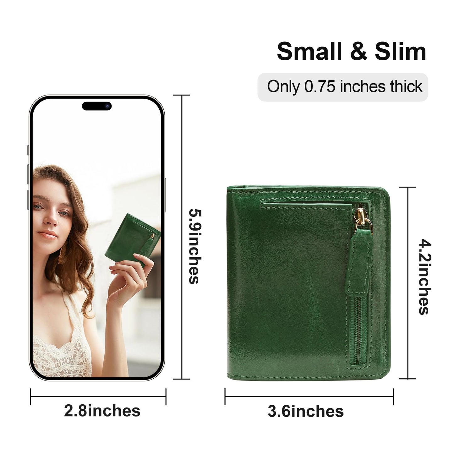 Itslife Women's RFID Blocking Small Compact Bifold Waxed Leather Pocket Wallet Ladies Mini Purse with ID Window (Dark Green)