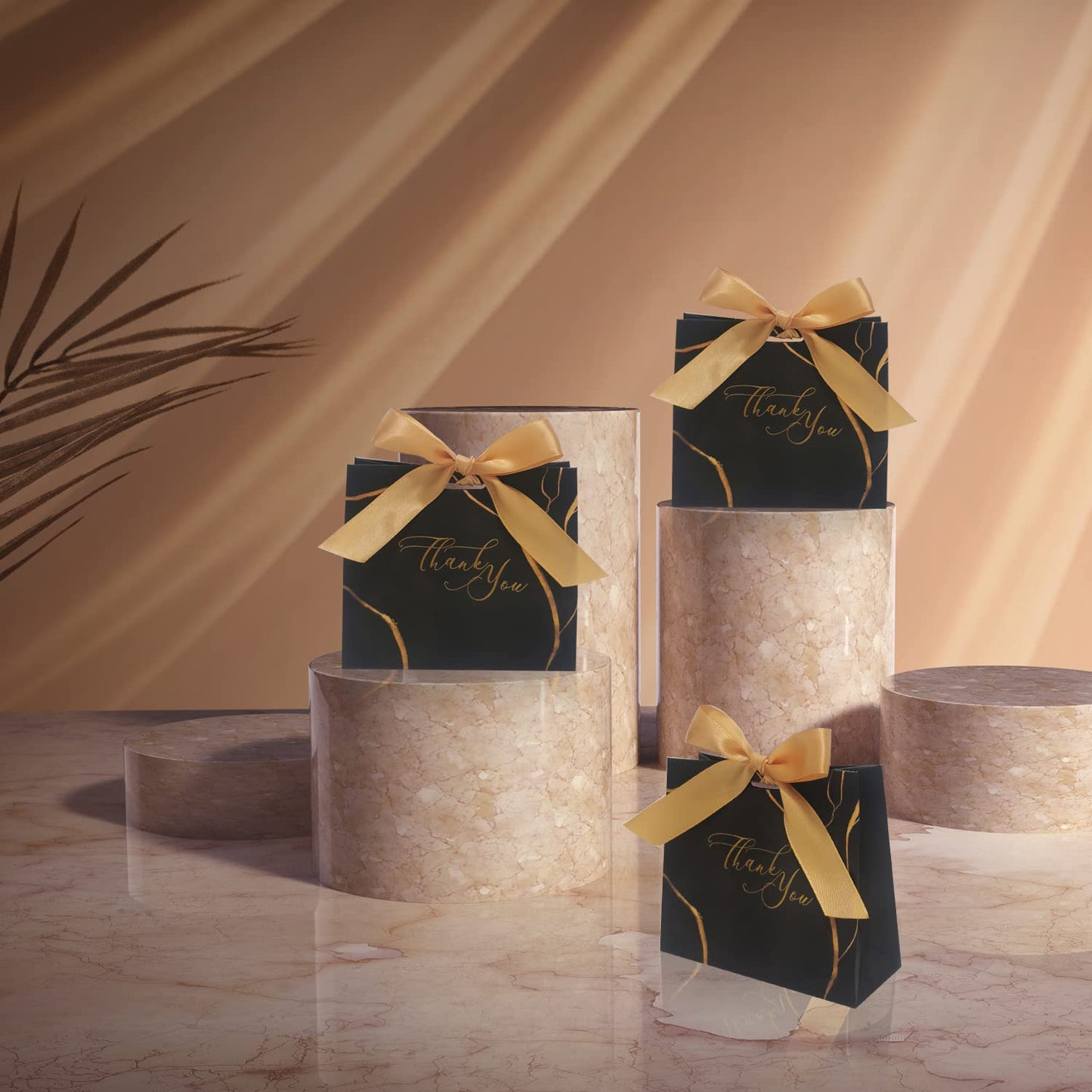 DECHISY 30Pack Small Thank You Gift Bags,Marble Pattern Party Favor Bags with Gold Bow Ribbon,4.5x1.8x3.9Inches,Paper Bags for Birthday Wedding Bridesmaid Holiday Valentines Day (Black)