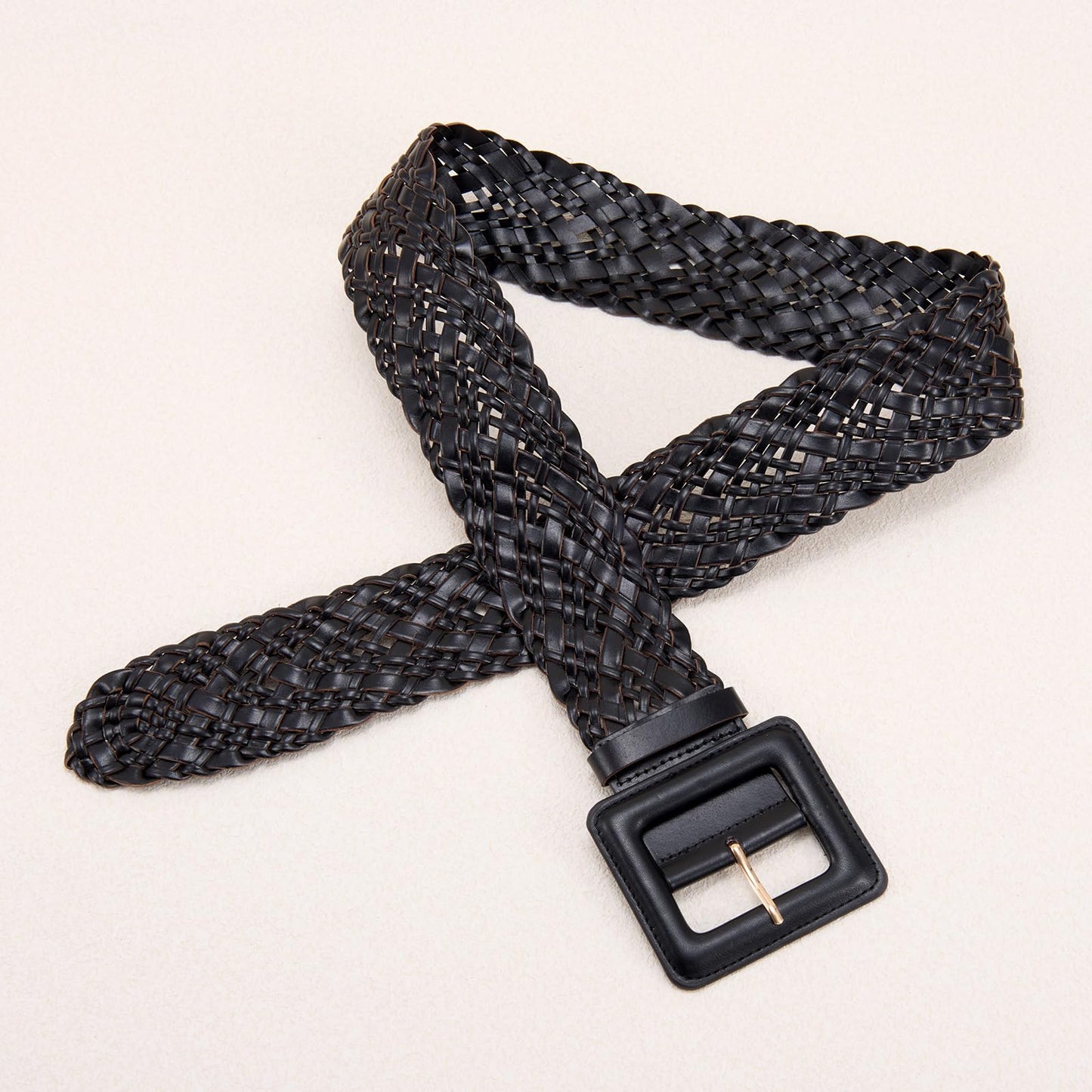 XZQTIVE Women Wide Belt for Dresses Fashion Thick Braided Leather Belts with Square Buckle, Woven Waistband for Ladies, Black(Fit Waist Size Below 31'')