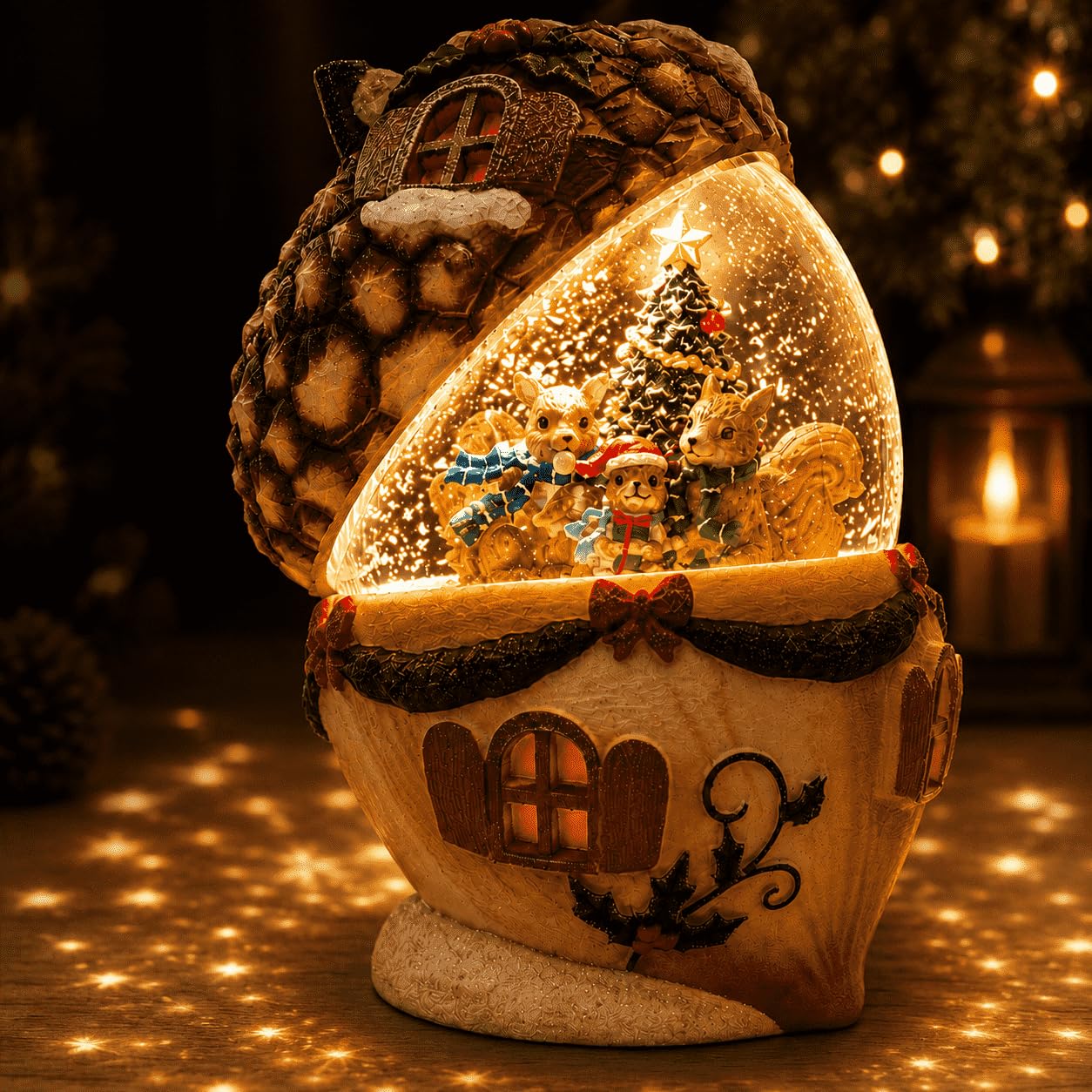 Christmas Pinecone Snow Globe Lantern with 6 Hours Timer, 3 AAA Battery Operated Glittering Water Globe, Lighted Squirrel Family Snow Globes for Xmas Mantel Tabletop Shelf Holiday Decorations Gifts