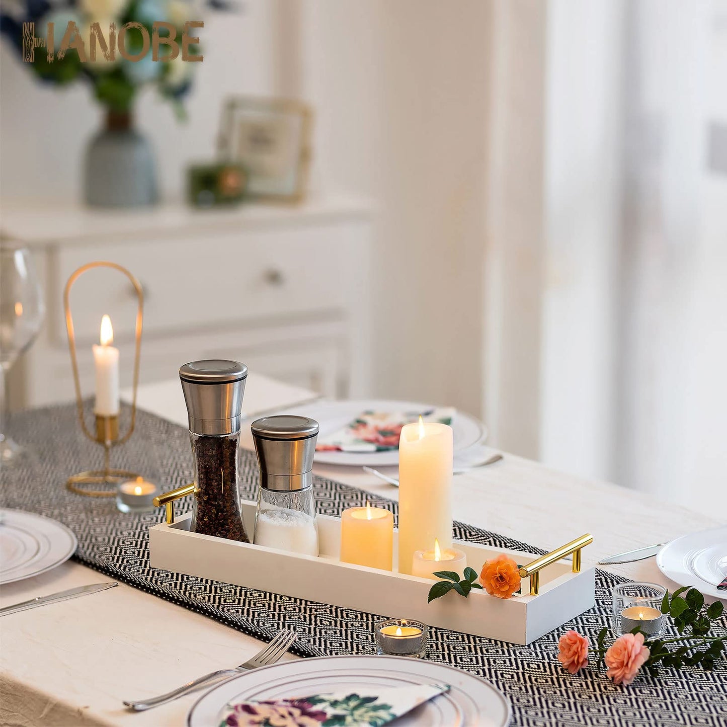 Hanobe Long Tray for Table Centerpiece: Decorative Narrow Trays Wooden Candle Holder - Centerpiece Tray with Handles for Home Decor Dining Table Coffee Bar Living Room,White