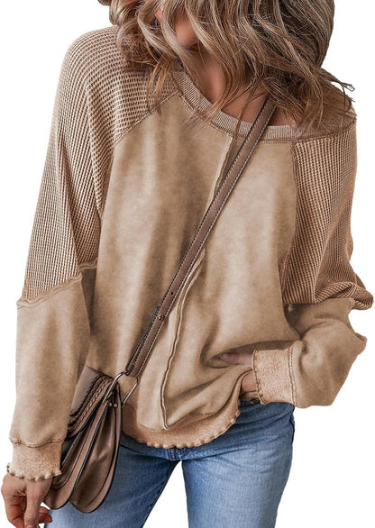 Women's Oversized Crewneck Sweatshirt - Casual Off-The-Shoulder Waffle Knit Pullover