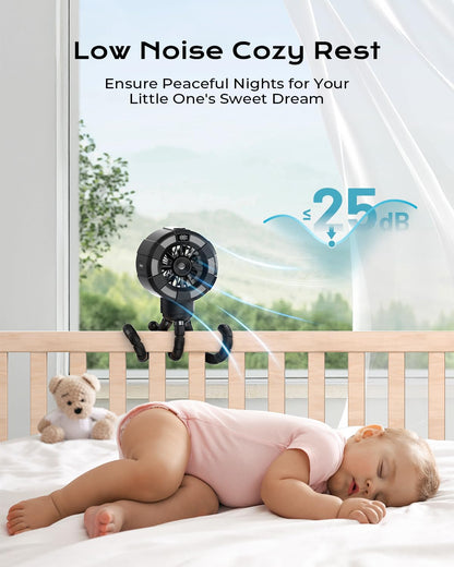 Shirble 6000mAh Misting Fan for Stroller, 3 Speeds Portable Clip Fan with Intermittent/Continuous Spray, 14H Cooling, Detachable Mount, Timer & Night Light for Baby (100ML Water Tank) - Black