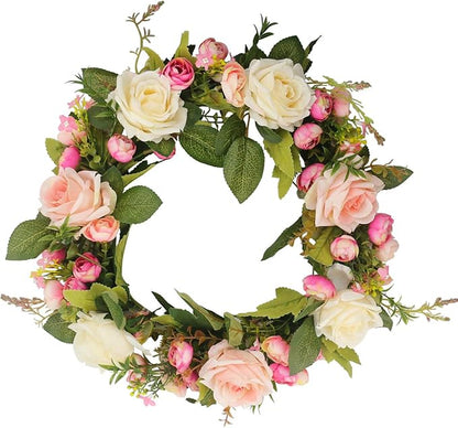 Ogrmar Artificial Flower Wreath/Handmade Floral Artificial Simulation Rose Flowers Garland Wreath for Home Front Door Christmas Wedding Party Decoration (Rose)
