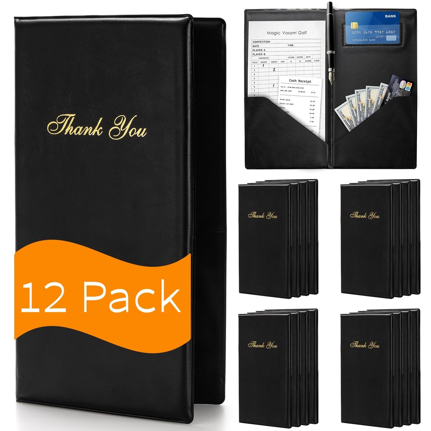 Lyellfe 12 Pack Restaurant Check Presenters, Guest Check Card Holder, PVC Leather Check Presenters for Servers, Black with Gold Thank You Imprint, Ideal for Restaurants, Cafe Bar Eatery