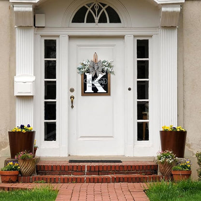 Ultra Large 14'' Last Name All Year Round Front Door Wreath with 26 Initial Letter Welcome Sign All Seasons Eucalyptus Garland and Bow Wreaths for Front Door Porch Farmhouse Decoration (K)