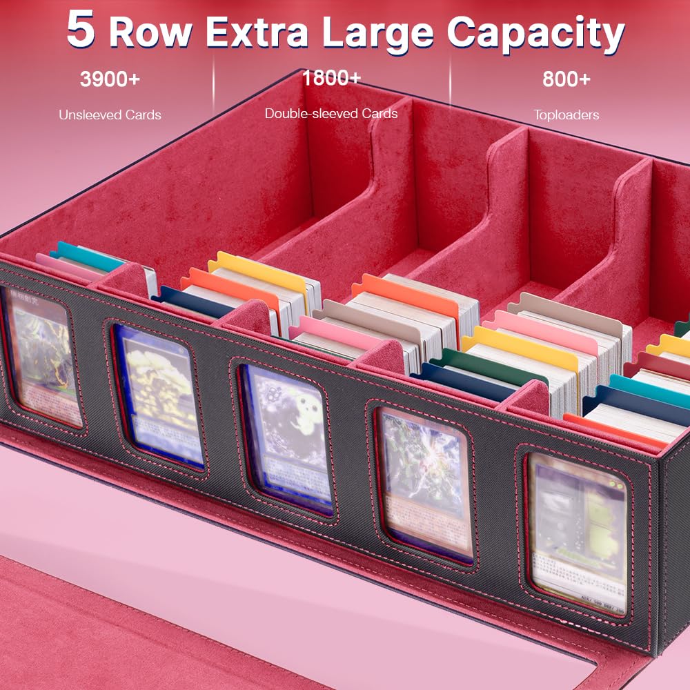 Sesmez 5-Row 3900+ Trading Card Storage Box for MTG, Card Deck Box with Snap-fit Design, 5 Card Sleeves, 10 Stoppers, 80 Dividers and 1 Dice Tray (Black-Red)