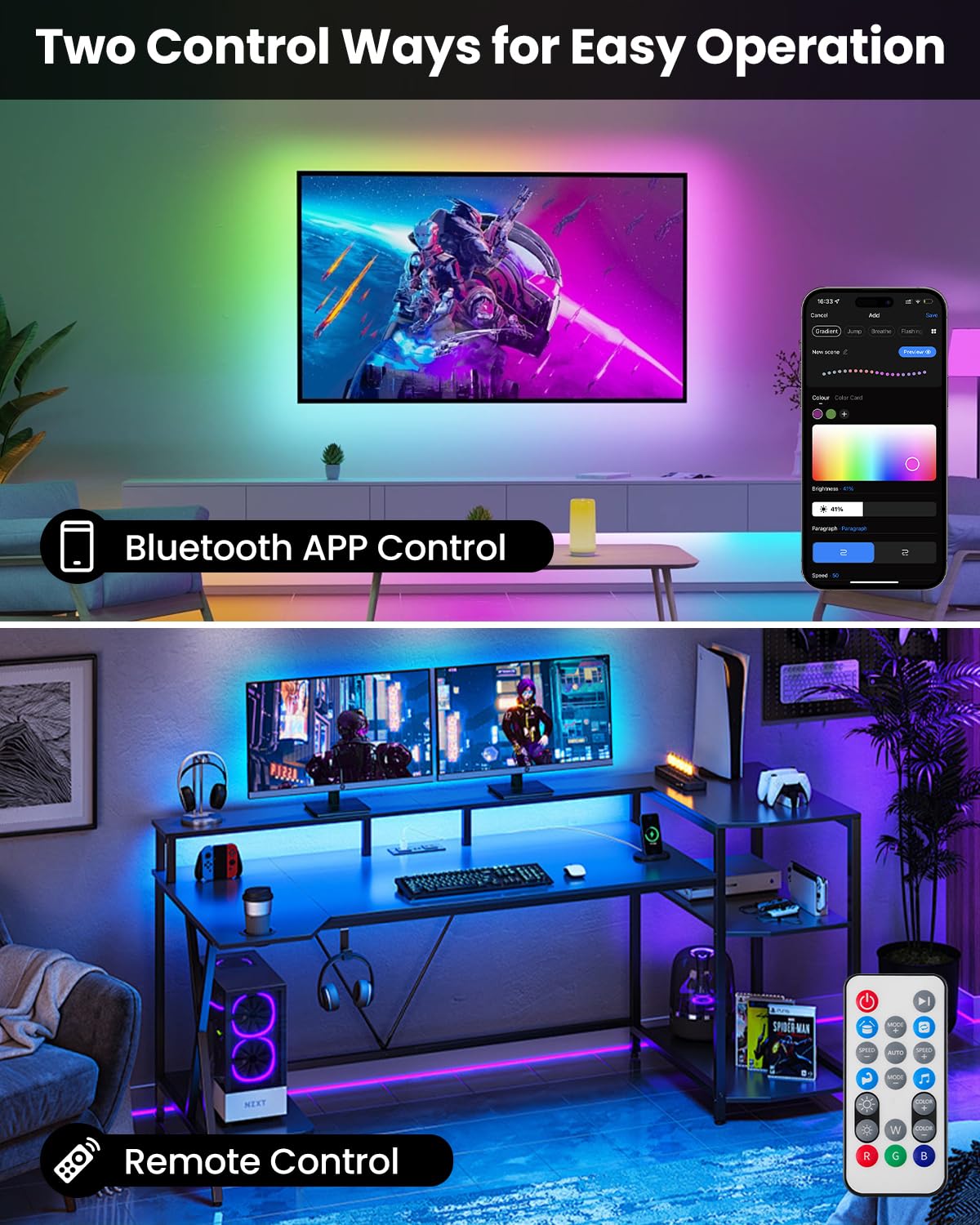Pak LED Lights for Bedroom, 32.8ft(2 Rolls of 16.4ft) Smart RGB+IC LED Strip Lights with App/Remote Control, Music Sync Color Changing Flexible LED Lights with 64 Scene Modes for Party, Home, Gaming