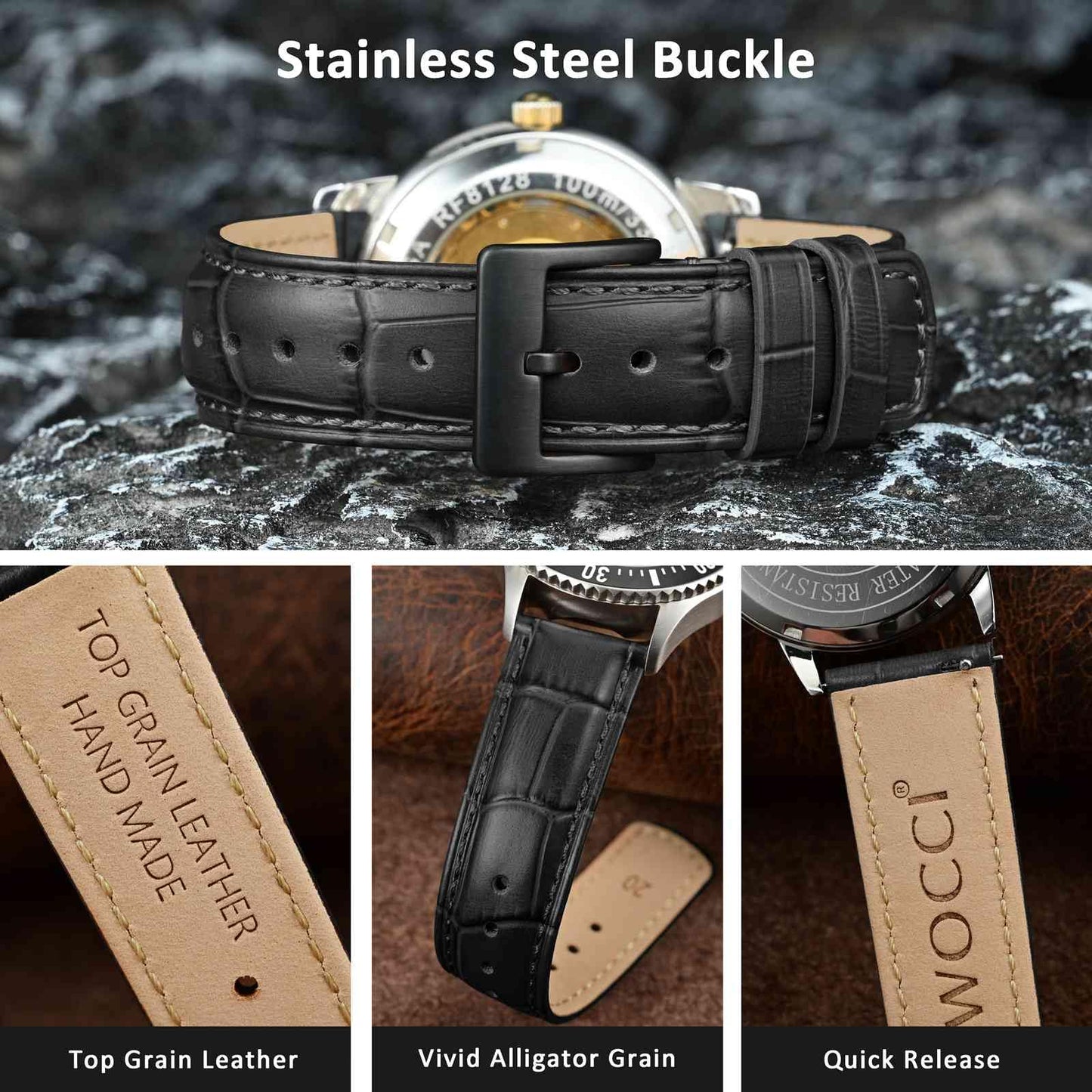 WOCCI 22mm Watch Band, Top Grain Leather, Embossed Alligator Grain, Quick Release, Black Buckle (Dark Grey)