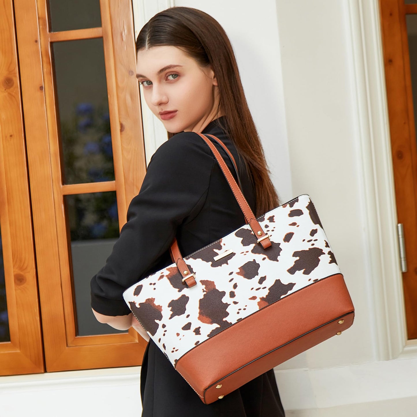 Women Fashion Handbags Wallet Tote Bag Shoulder Bag Top Handle Satchel Cow Print Purse Set 4pcs