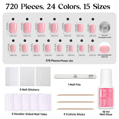 Beetles Press on Nails Kit 720Pcs 24 Colors, Press on Nails Short Almond Glossy Matte Glitter With Nail Glue & Nail Tabs Stickers, Natural Fit Lightweight Fake Nails Kit Art For Women Girls