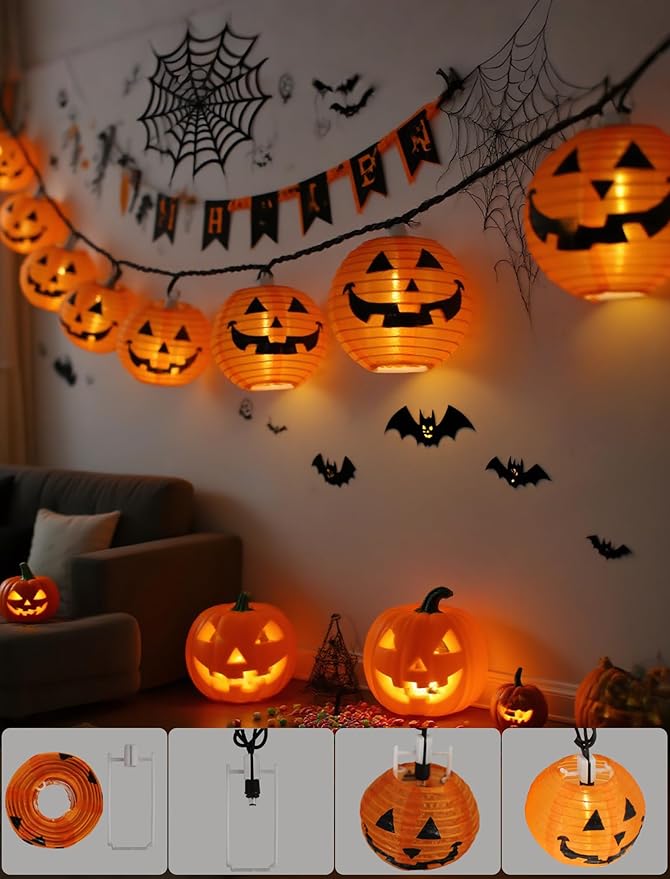 Charming Halloween Pumpkin Lantern Lights, 12ft 20 LED UL Certified String Lights, Unique Fabric Jack o' Lanterns for a Whimsical Indoor & Outdoor Party Glow