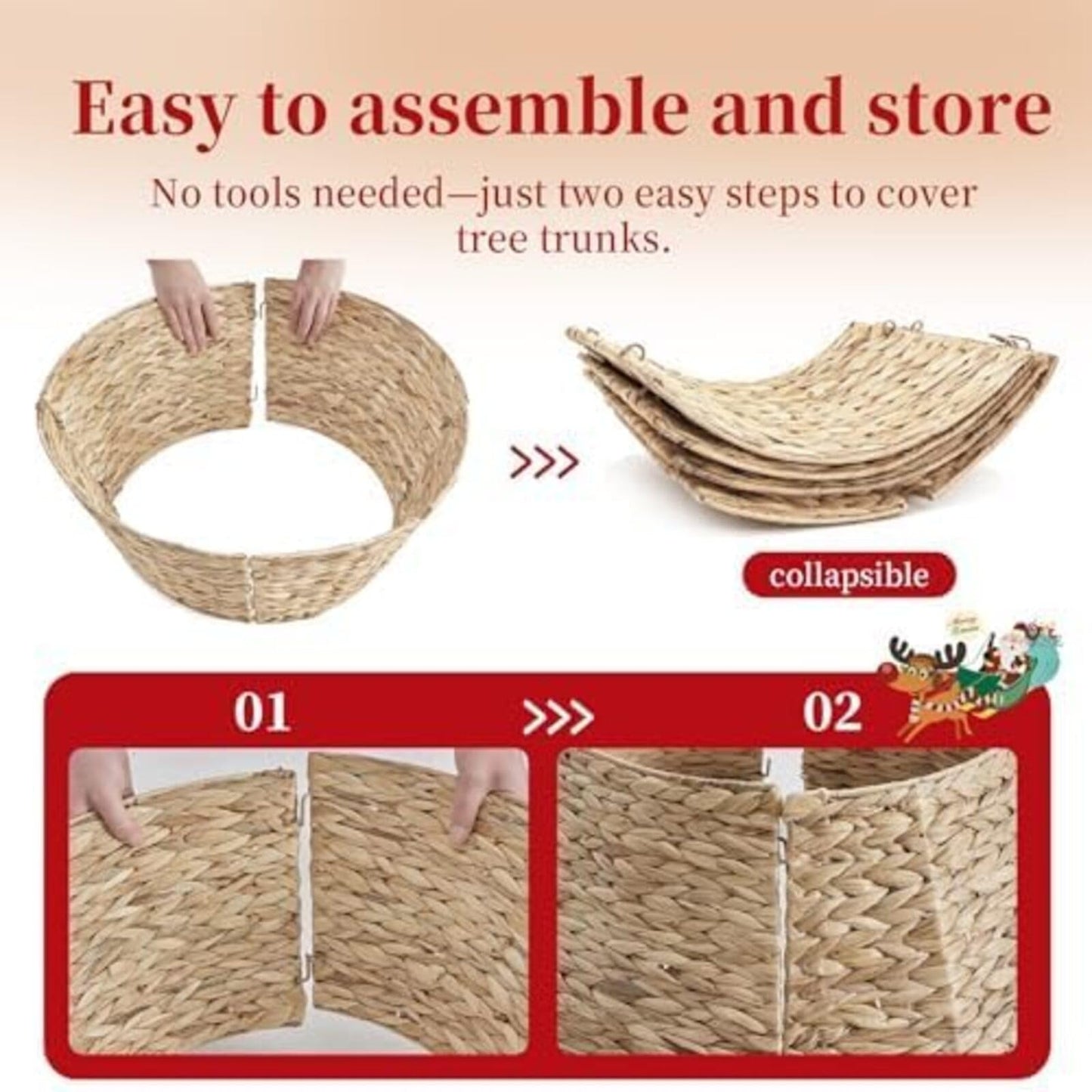 Sweetcrispy 24inch Christmas Tree Collar for 4-7ft Trees, Woven Hyacinth Rattan 4-Panel Collar w/Cord Access Hole & Easy Lock Design,Handwoven Natural