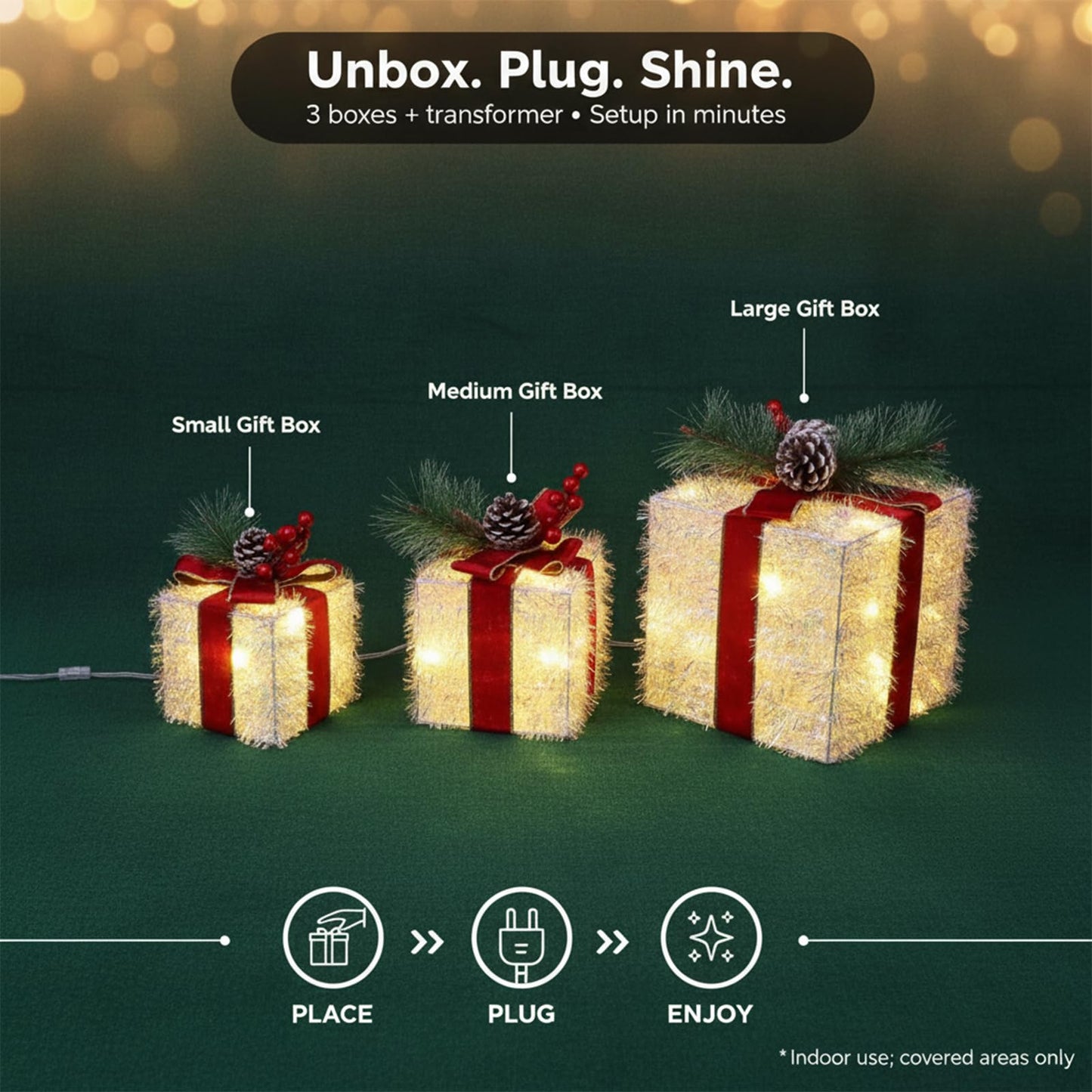 Fulong's Opulent Christmas Lighted Gift Boxes Decor Set of Three Pre-lit LED Presents | Warm White Garden, Porch, Room Decor & Tree Skirt Ornaments | Indoor 60 Lights Set