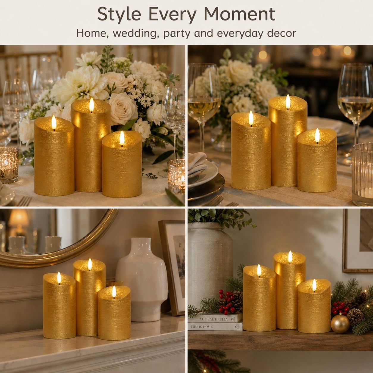 COVEGE Gold Flameless Candles with Remote, Flickering Real Wax Battery Operated Candles with Timer, Set of 3 LED Pillar Candlesfor Home Room Decor Christmas Decoration