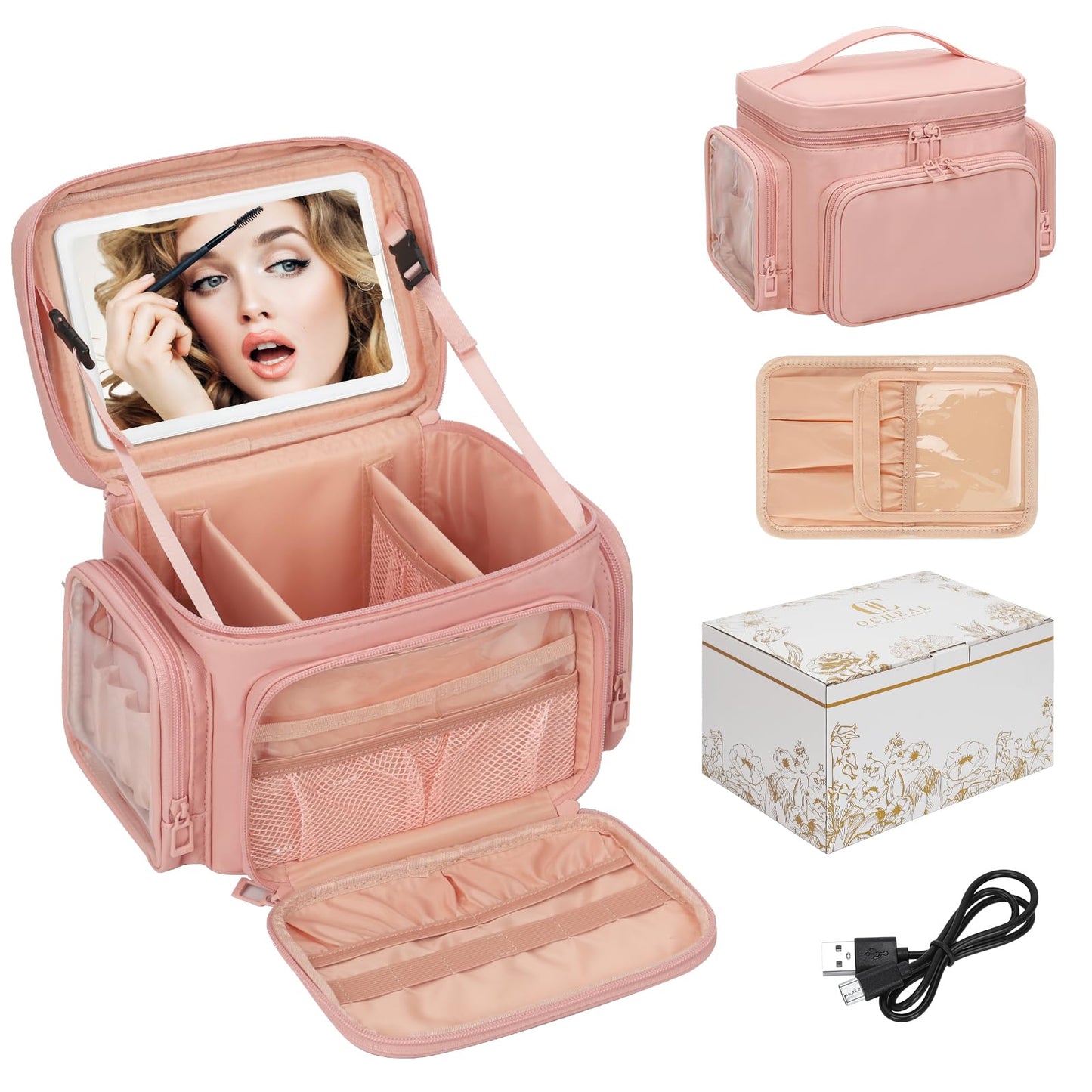 Large Makeup Bag with LED Mirror, Travel Makeup Bag Organizer for Women Girls with Makeup Brush Compartment & Two Side Pockets, 3 Color Lights Cosmetic Toiletry Bag- Leather Pink