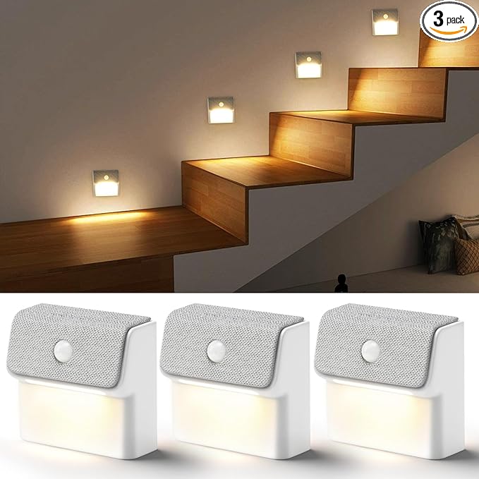 LED Linkage Motion Sensor Night Light, Magnetic Stick-On Motion Activated Light, Rechargeable Battery Powered Wall Lamp, Dimmable Warm White Light, for Bedroom, Hallway, Stairs, Kitchen, 3 Pack