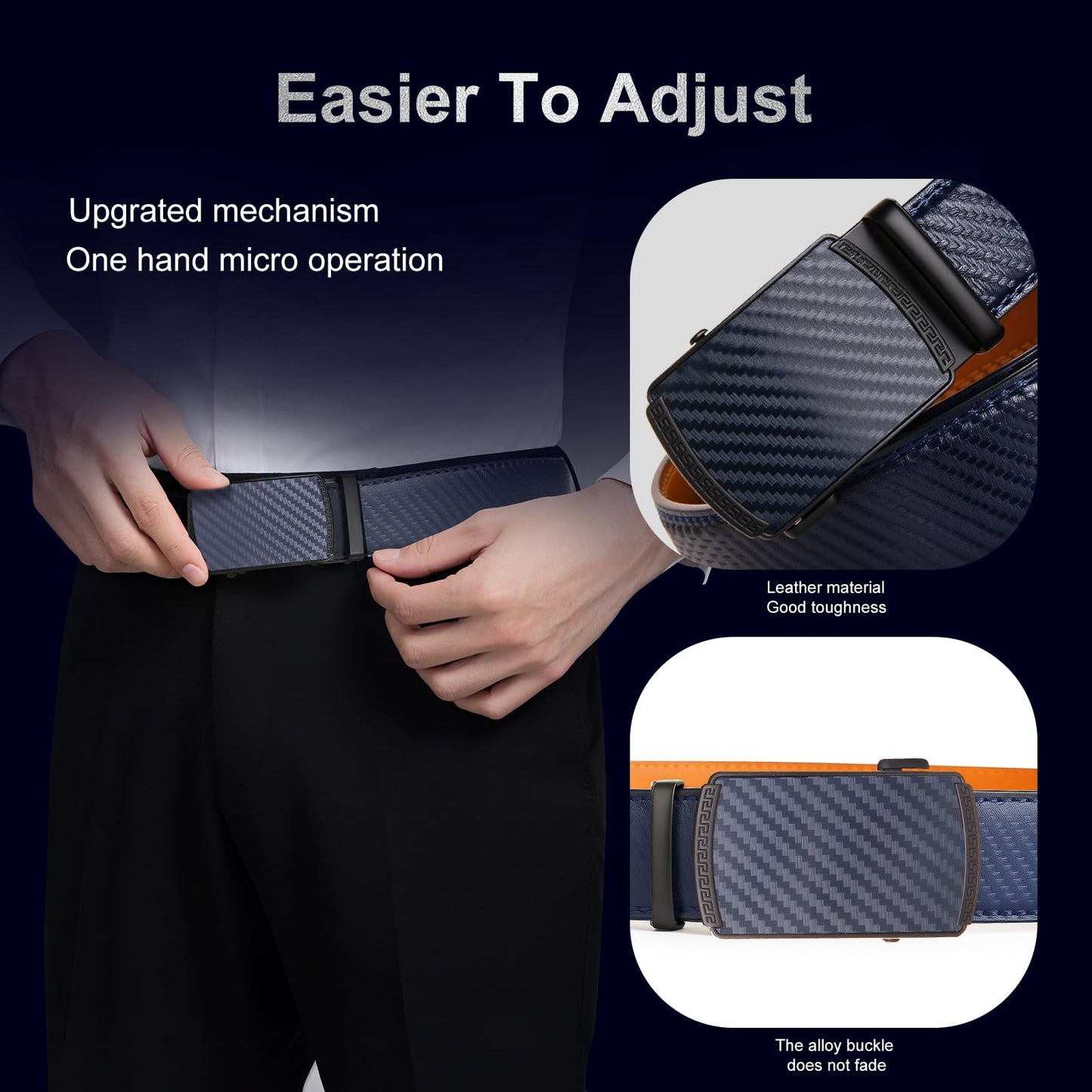 Fiwnieu Men's Ratchet Belt with No-Hole Slide Buckle - Easy Size Adjustment Genuine Leather Belt for Men, Dress & Casual Comfort (Choose Size)