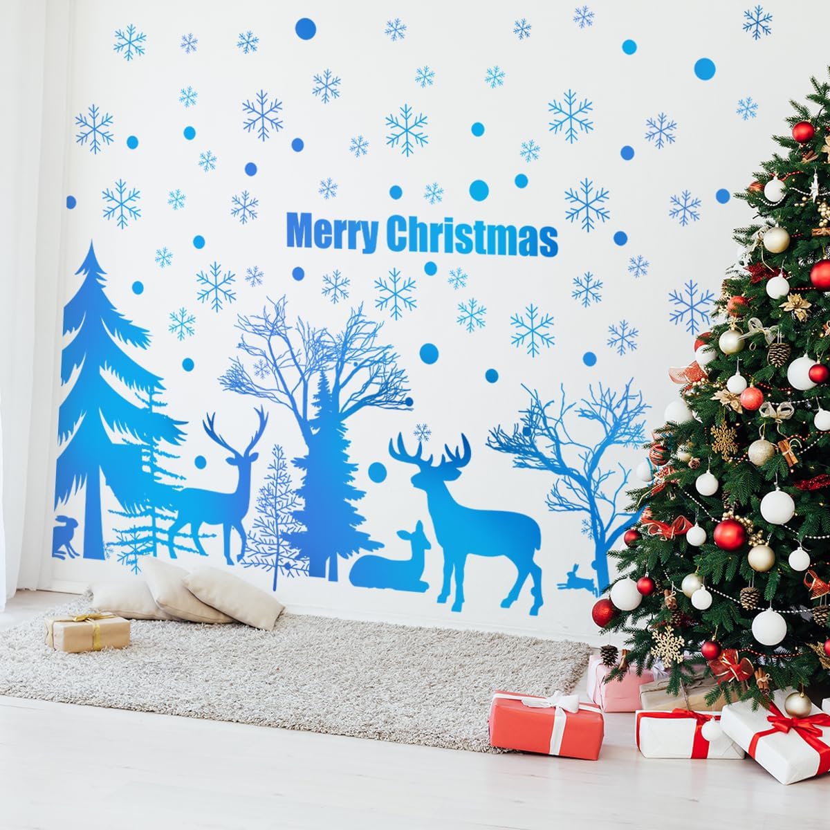 52.87x30.07 Inch Blue Merry Christmas Tree Deer Snowflake Wall Sticker - Removable Forest Animals Art Wall Sticker for Christmas Party Supplies Home Decor