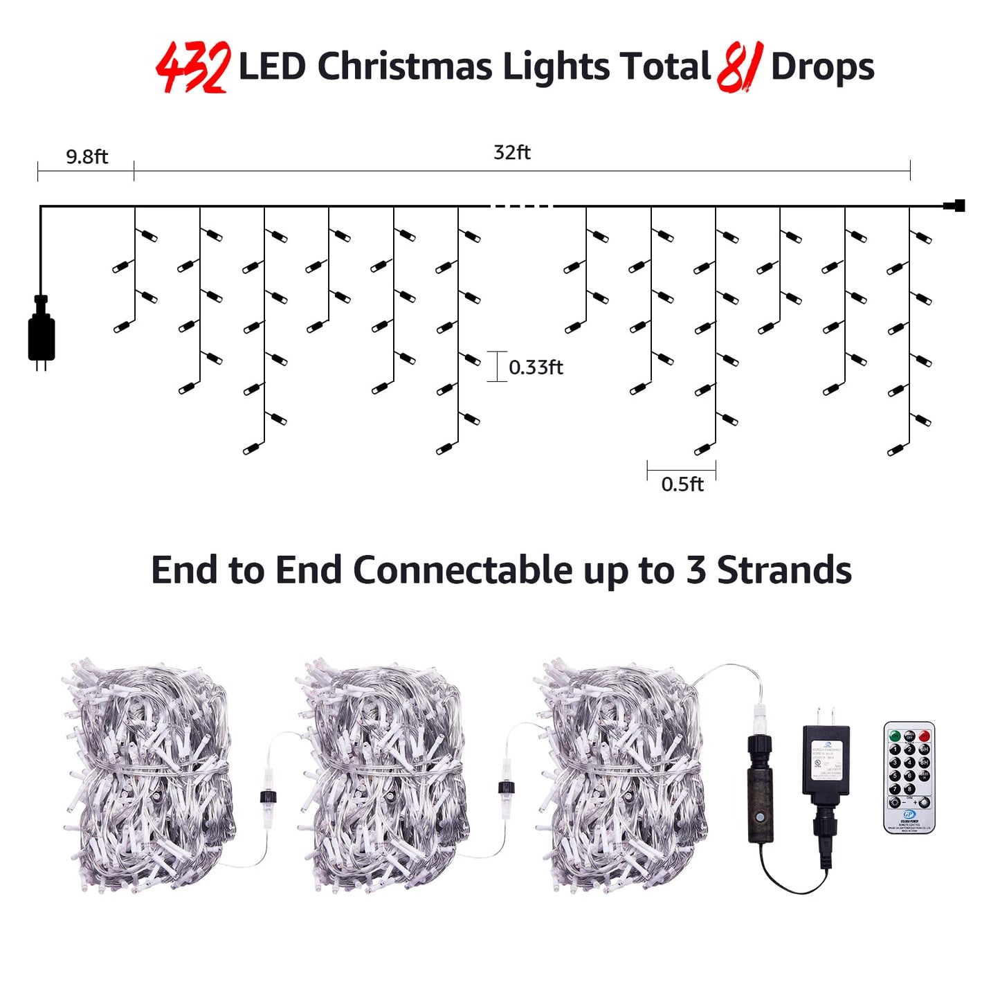 WBao Christmas Lights Outdoor, 432 LED 33FT Icicle Lights with 81 Drops, Remote Control, 3 Timer Settings, 8 Modes, Waterproof, Connectable Fairy Lights for Wedding, Holiday Eaves Decor, Warm White