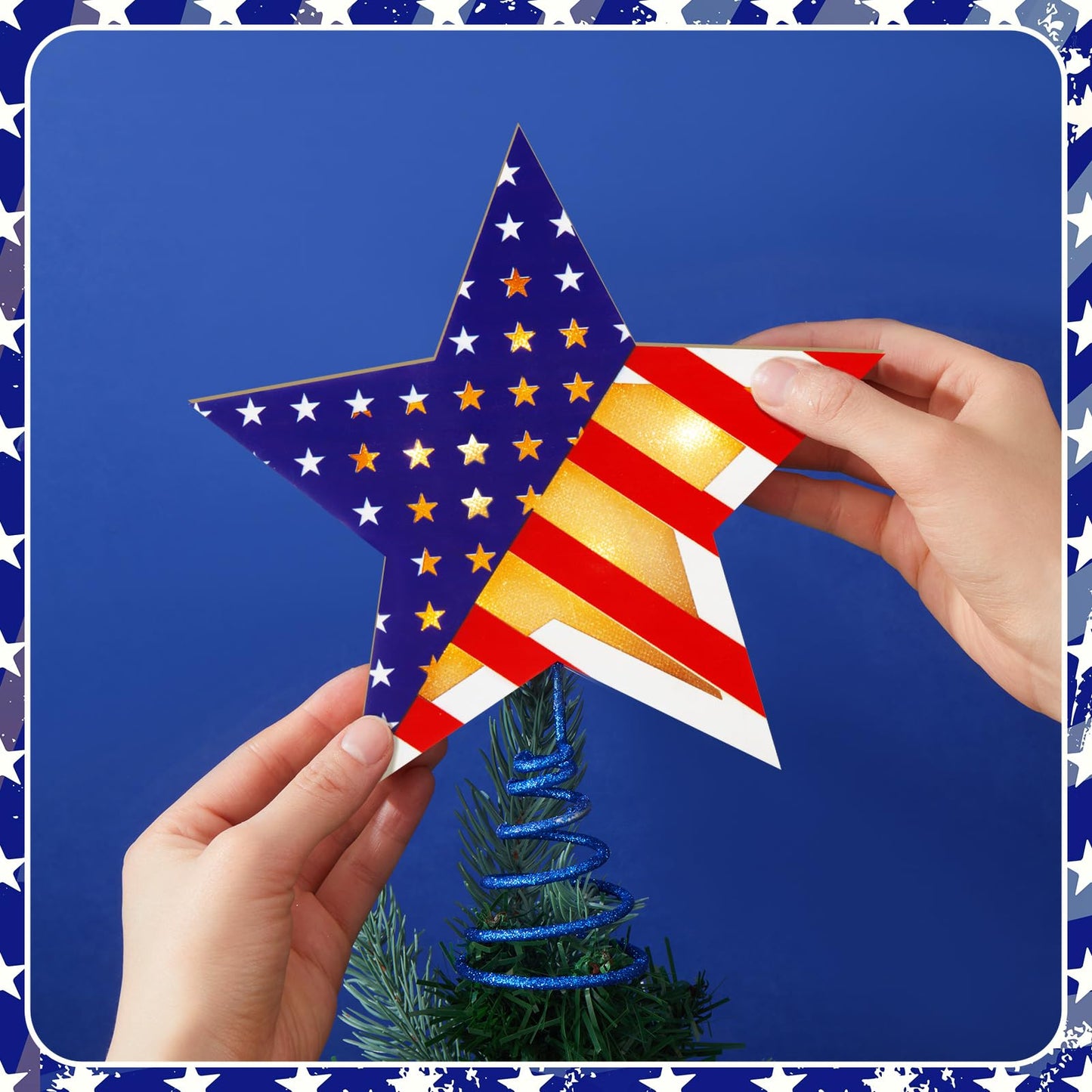 Craftsatin 9.2 Inch 4th of July Tree Topper Wooden Red White and Blue Patriotic 250th Star Tree Topper Happy Independence Day with LED Light for Party Decoration Tabletop Display Birthday Gift