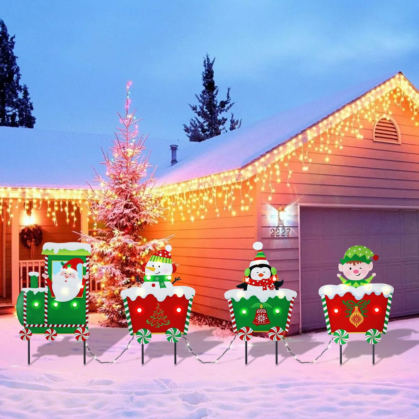 WONDER GARDEN Christmas Metal Yard Stakes, Lighted 4 Pack Christmas Garden Stakes Yard Signs, Outdoor Decorations Train with Santa, Snowman, Penguin, Boy for Lawn Party Outside