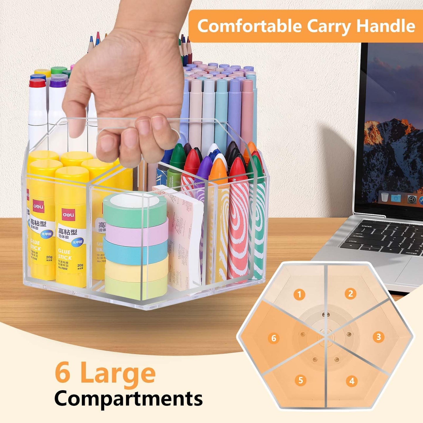 Hiborateed Pen Holder for Desk Acrylic, Large 6 Slots 360-Degree Rotating Marker Organizer Pencil Holder, Caddy Art Supply Organizer Crayon Organizers for Office School