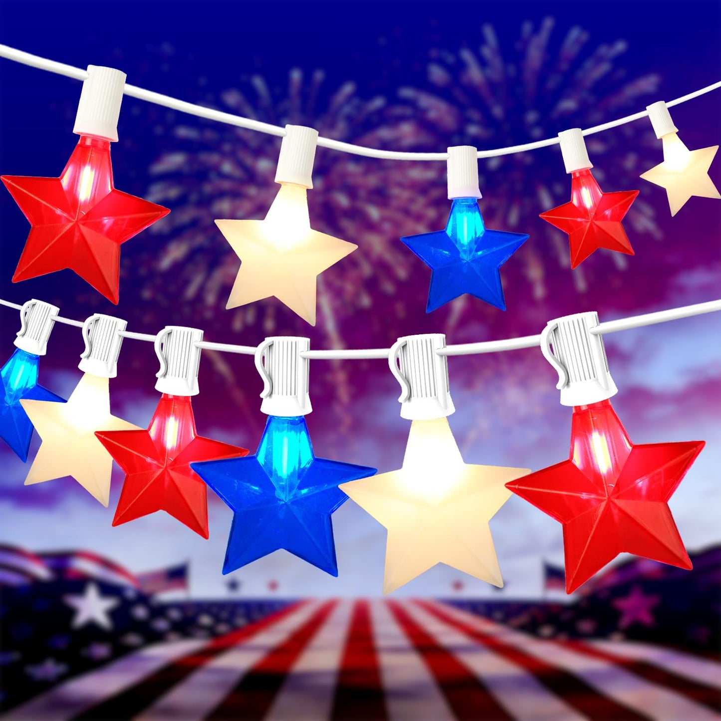 Adirxon 50FT 25-Light Patriotic Star String Lights, Red White and Blue LED Star Lights with White Wire, IP44 Water-Resistant 4th of July Decorations for Independence Day, Patio and Party Décor