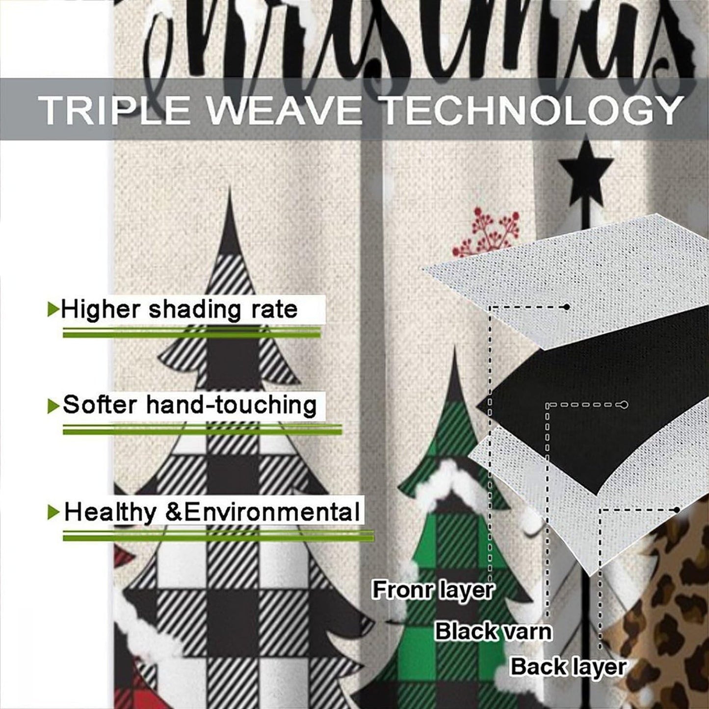 Christmas Tree Curtain Farmhouse Buffalo Plaid Xmas Tree Winter Cabin Snowflake Holiday Window Treatment for Living Room Bedroom Kitchen Cafe Study Dinin Merry Christmas Decor Window Drapes 42"W X 45"