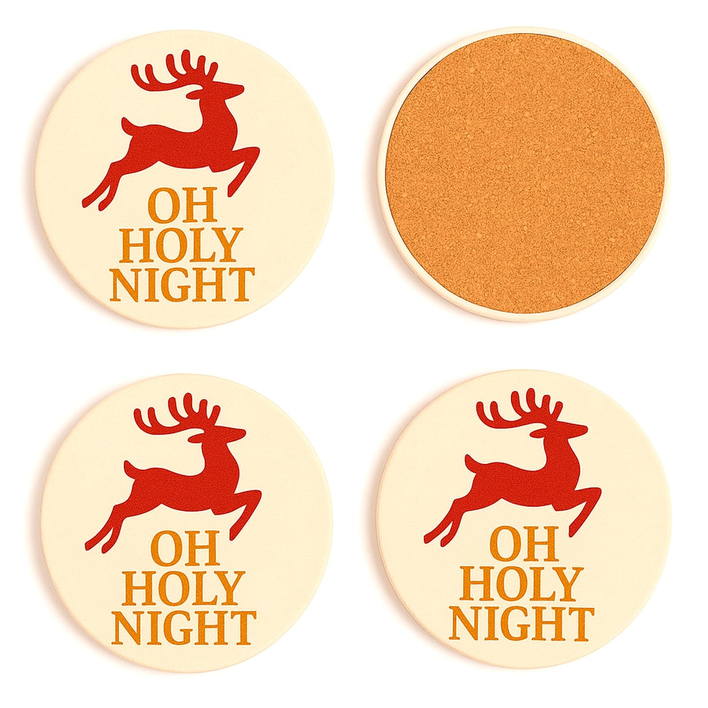 Christmas Ceramic Coasters Set of 4,“Oh Holy Night” Reindeer Absorbent Stone Drink Coasters with Non-Slip Cork Backing for Coffee Table, Holiday Party, Winter Home & Kitchen Decor