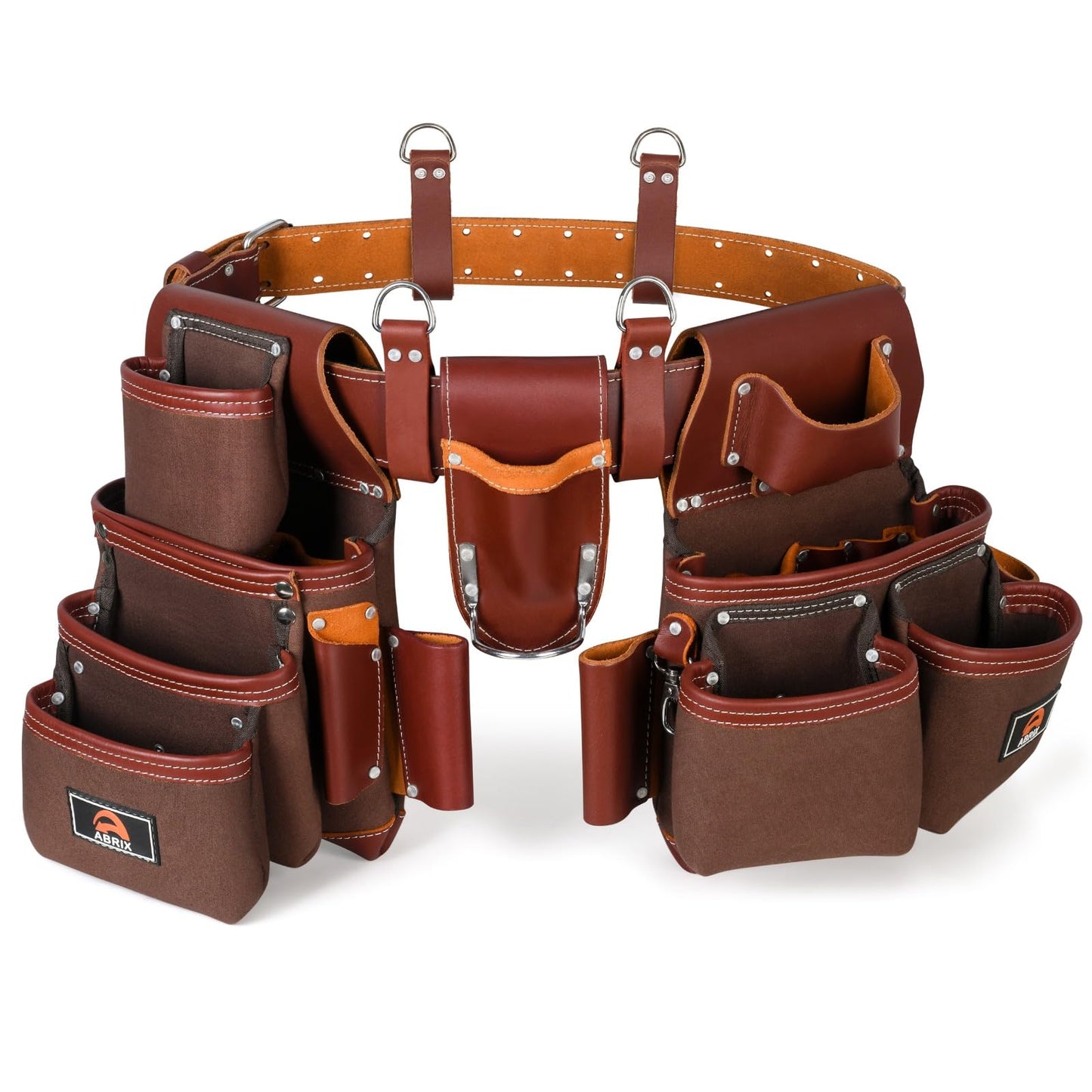 ABRIX Heavy Duty Tool Belt – 4MM Genuine Leather & Ballistic Nylon, Brass Buckle & Rivets, EVA Sheet Reinforced Lining, Foam Padded Comfort Framing Rig & Carpenter Tool Belt with Suspender | 28 Pocket