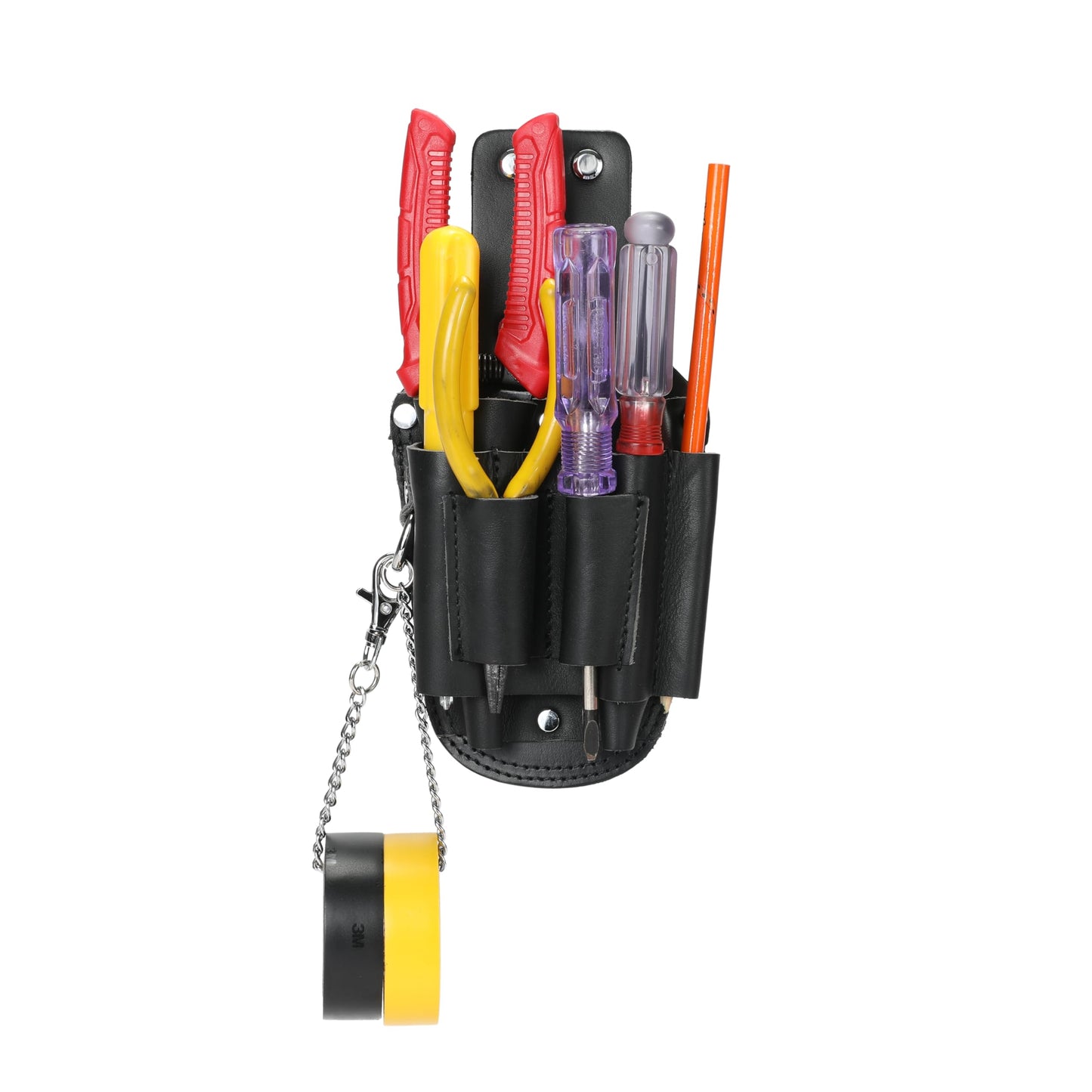 Small Tool Pouch, Genuine Leather Electrician Tool Pouch | 7 Pockets with Metal Tape Chain, Reinforced Rivets, Convenient & Quick Tool Access